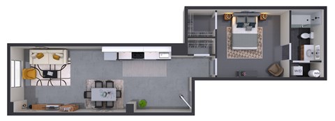 Floor plan for 1 bed, 1 bath, 608 sqft